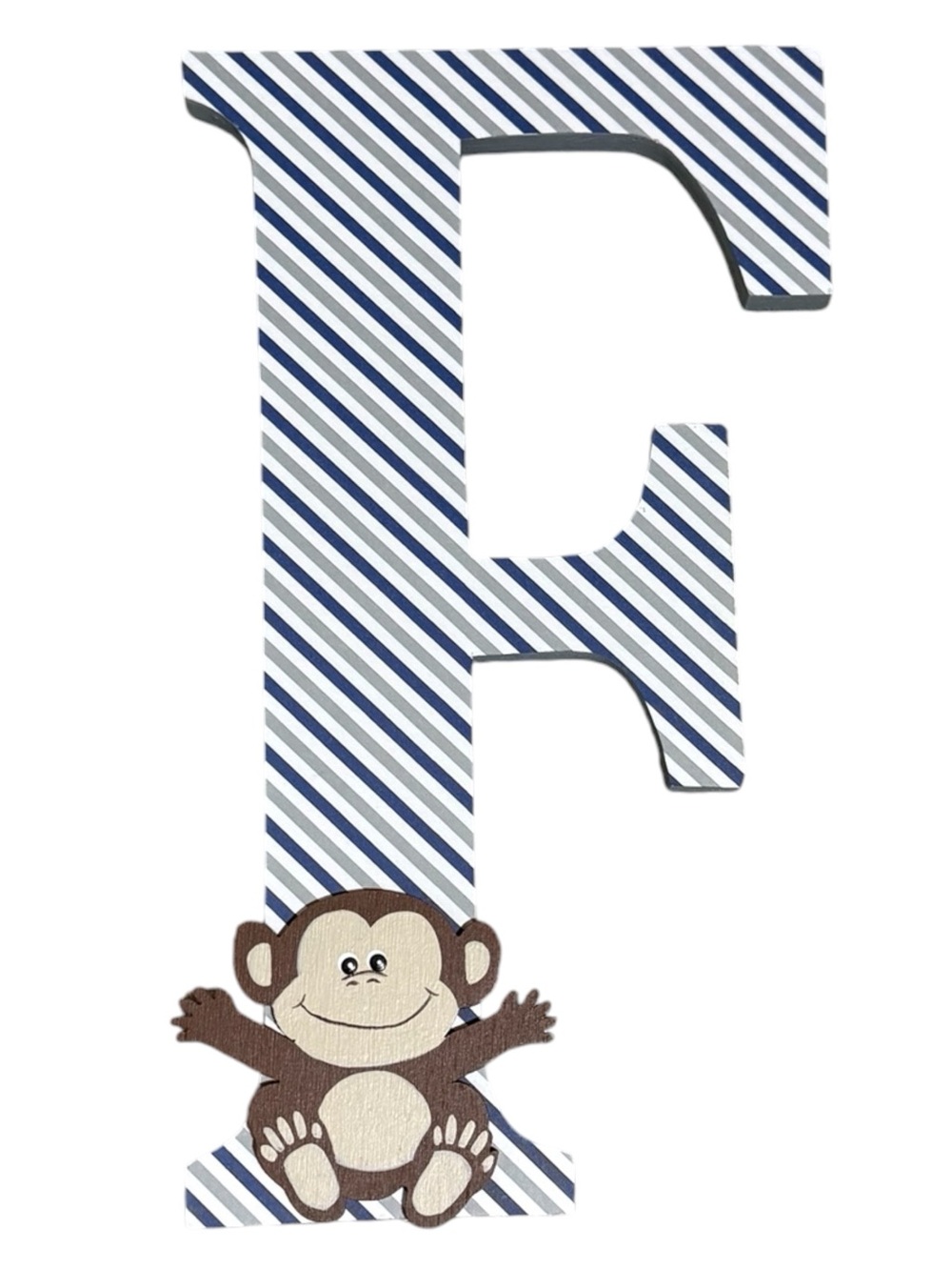 Wooden Letter F Monkey Nursery/Baby Safari Blue Gray Striped Room Wall Decor